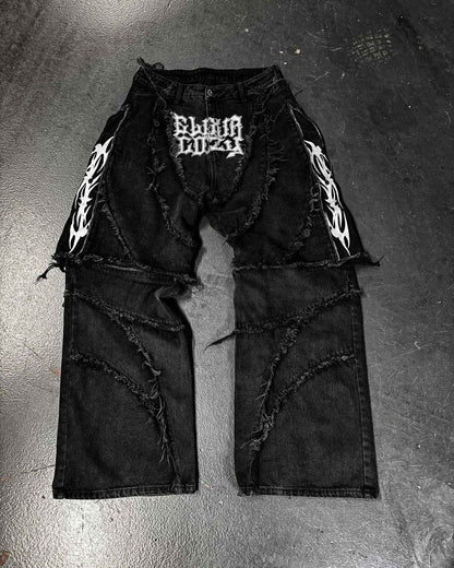 Elixir X Cozy Detachable Jeans Retro Punk Streetwear Ziipper Patchwork Stripe Denim Pants Men Black Baggy Hip Hop Splicing Jeans