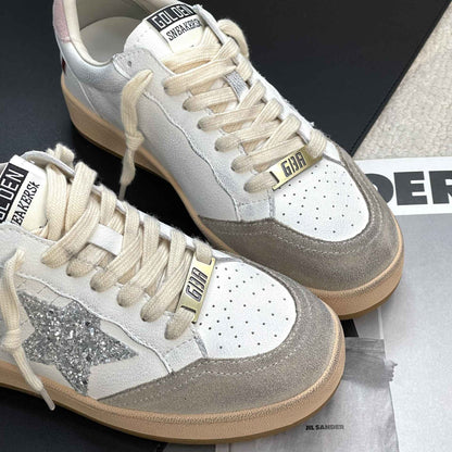 Sapatilhas de Couro Casual de Porco com Estrela Patchwork Cores Esfregadas Estilo Colegial Feminino Branco Antigo