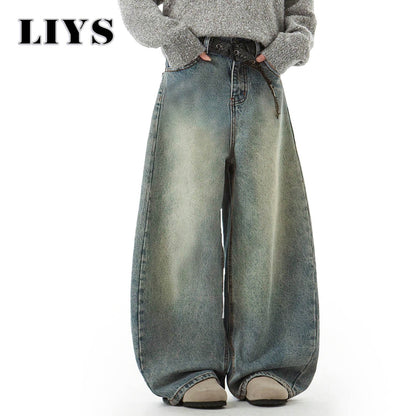 Men's Wear Blue Wide-Leg Denim Pants Baggy Jeans Vintage Three-Dimensional Cut Curved Knife Jeans Loose Fit Summer New Trend