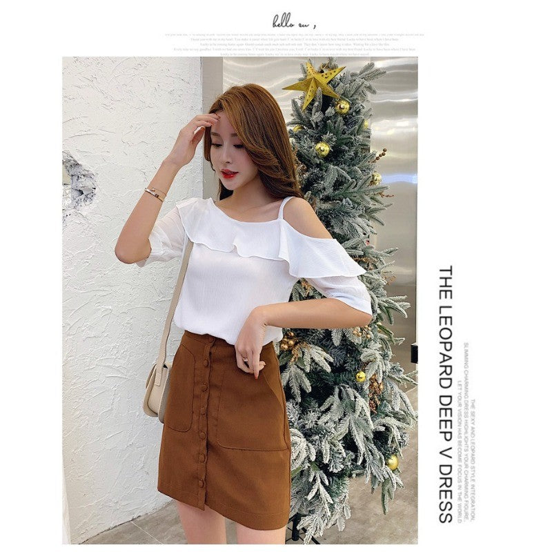 Women's Shirt Tops Fashion One-Shoulder Ruffles Short-sleeved Tops Chiffon Tops S-XXL