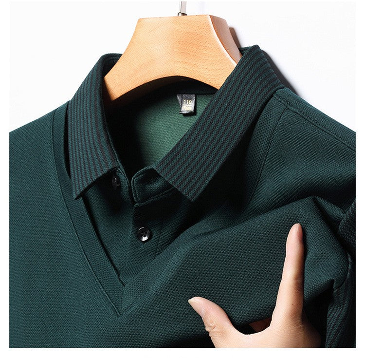 Fashion Fake Two-piece Men Long Sleeve Shirt Stripe Splice Lapel Loose Casual Pullover Tops 2025 Male Formal Business Polo Shirt