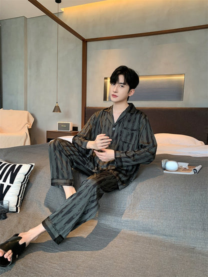 Large Size Ice Silk Men's Sleepwear 2025 New High-End V-Neck Thin Long Sleeved Two-Piece Set for Home Wear Youth Nightwear