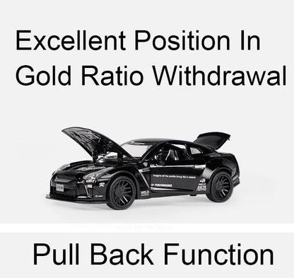1/32 Escala Liga Fundida Nissan GTR Carro Esportivo Modelo Brinquedo Portas Abertas Fricção Som Música Veículo em Miniatura Presentes para Crianças Coleção