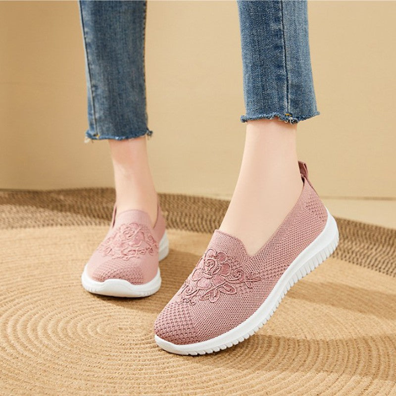 Women's Fashion Vulcanised Trainers 2025 Round Toe Breathable Flower Mesh Casual Flat Slip-On Women's Casual Vulcanised Shoes