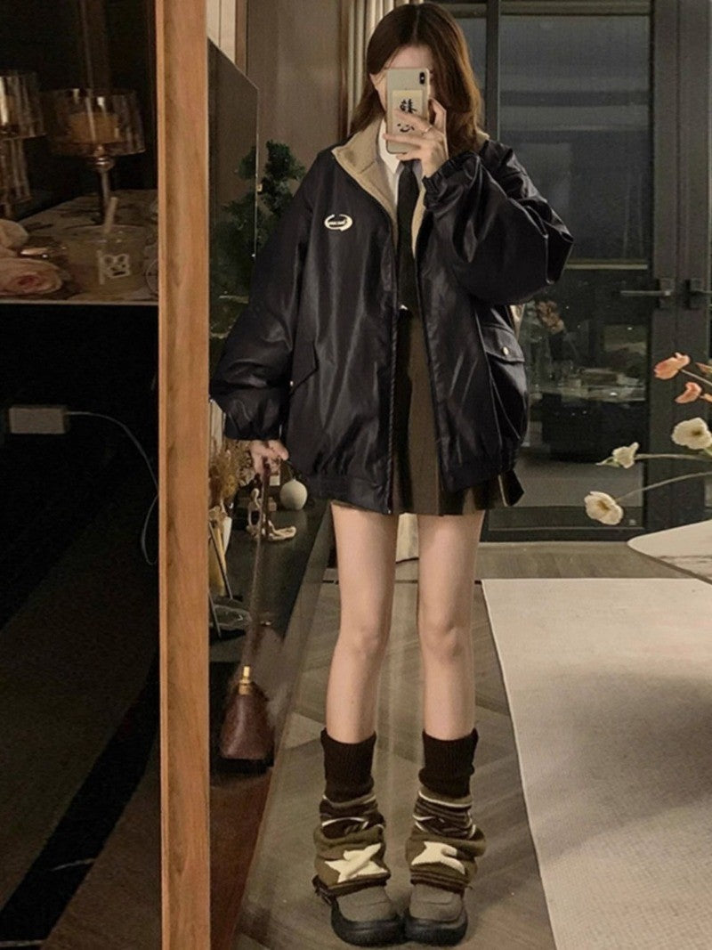 Maillard Fashion PU Leather Jacket With Lambswool Coat Both Sides Female Y2K Winter New Velvet Locomotive Cotton-padded Jacket