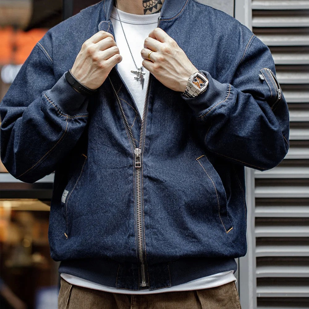 Maden Retro MA-1 Flight 8.9oz Denim Jacket Baseball Collar Bomber Jackets Casual Denim Coats for Men's Versatile Autumn Clothing