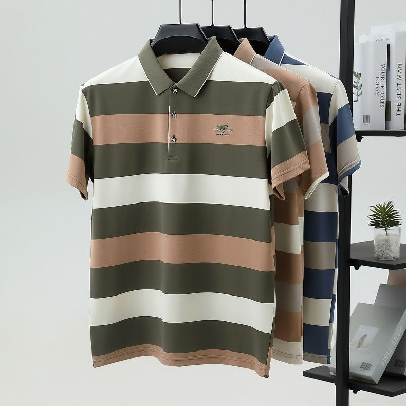 100% pure cotton fashion short sleeve polo shirt men's luxury brand embossed wide stripe color blocked summer casual lapel top