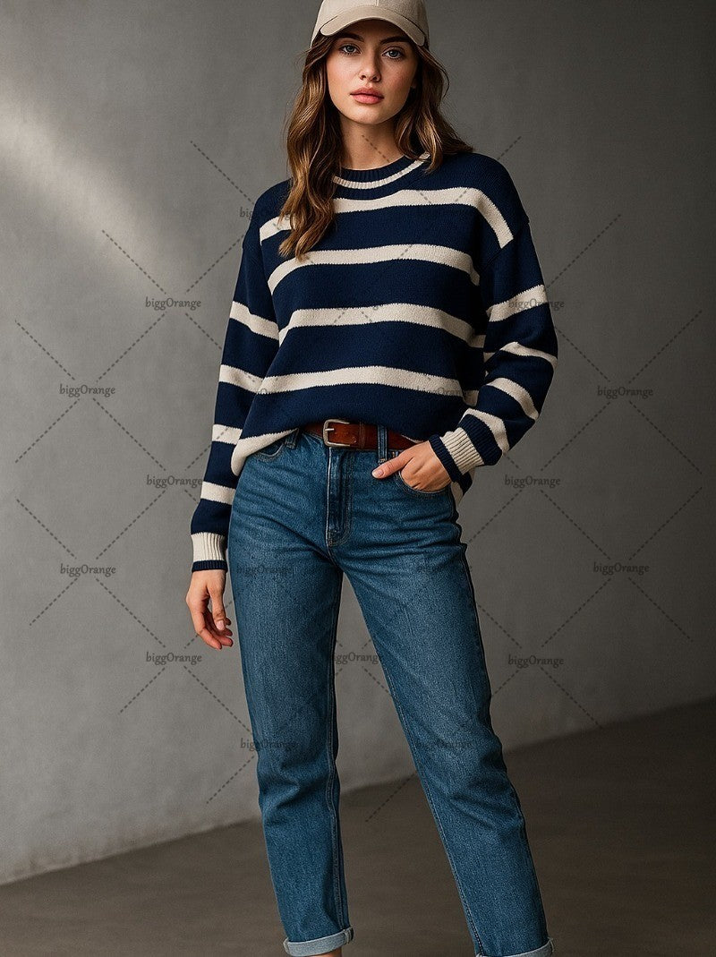 High Street Fashion Clothing New Style Fashion Striped Casual Long Sleeve Sweater Men Harajuku Y2K Warm Embroidered Long Sleeve