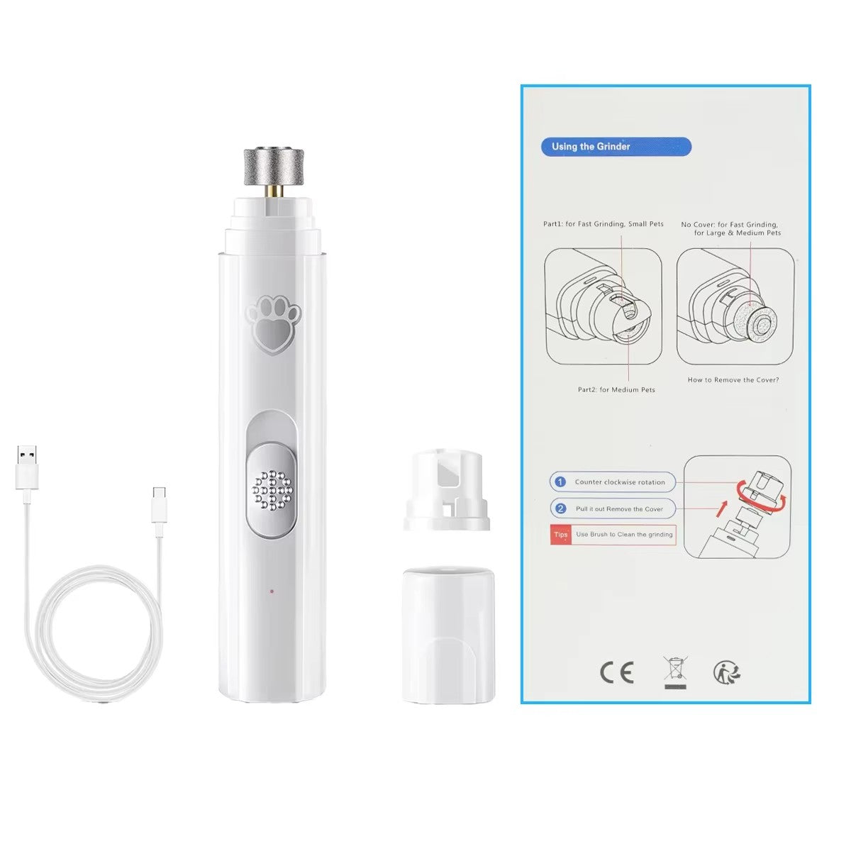 Lixador Elétrico de Unhas para Cães Cortador de Unhas Pet Recarregável USB Aparador de Unhas Pet Indolor com Roda Polidora para Animais de Estimação Pequenos/Grandes