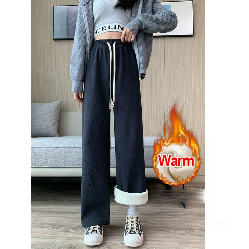 2025 New Winter Warm Thicken Fleece Wide Leg Pants Women Baggy Joggers Trousers Straight Casual Sweatpants Fashion Y2K Clothing