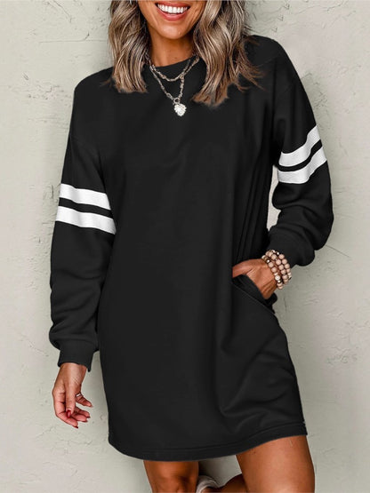 Autumn Winter New Striped Drop Shoulder Sweatshirt Mini Dresses Women Casual Loose O Neck Long-sleeved Pocket Dress Female 2025