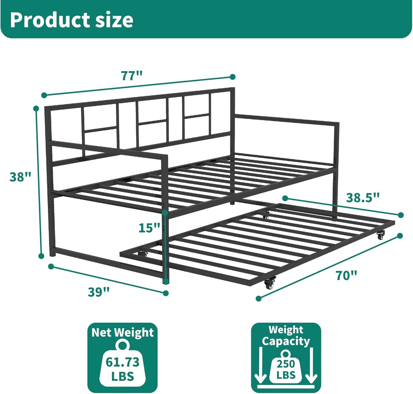 Cama-Sofá com Bicama, Cama de Solteiro com Altura Ajustável e Bicama Retrátil, Sofá-Cama com Suporte de Estrado de Aço para Sala de Estar