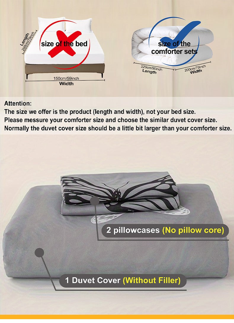 Conjunto de Capa de Edredom com Estampa de Borboleta 3 Peças, Conjunto de Cama Macio e Suave para a Pele Inclui 1 Capa de Edredom e 2 Fronhas