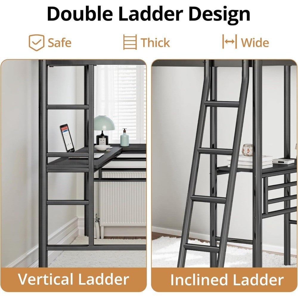 Twin Size L-Shaped Loft Bed with 2 Built-in Desks Metal Heavy-Duty Bunk with Safety Guard Rail And 2 Ladders Corner Bed
