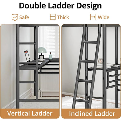 Twin Size L-Shaped Loft Bed with 2 Built-in Desks Metal Heavy-Duty Bunk with Safety Guard Rail And 2 Ladders Corner Bed