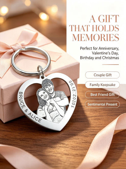 ?Customized Product?Personalized Stainless Steel Heart-Shaped Keychain - Customizable with family and couple photos, text, and date - Valentine's Day/Christmas gift - A memorable keepsake gift for family, couples, and pets