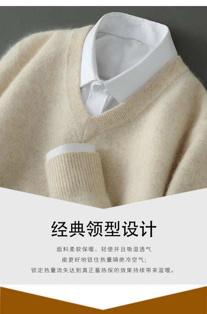 Autumn And Winter New Warm Pure Mink Cashmere Sweater Men's V-neck Pullover Thickened Plus Size Knitted Bottoming Shirt
