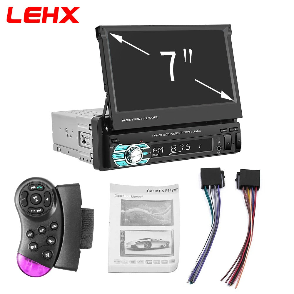 LEHX 1 Din 7inch IPS Retractable Screen Car Radio  Multimedia Player Universal Audio Video Wired CarPlay Android Auto