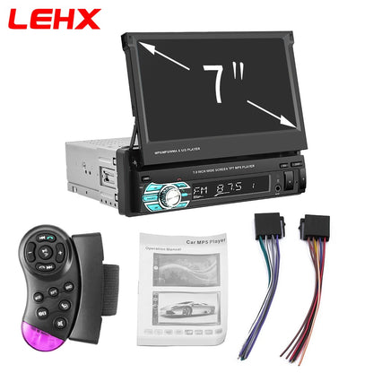 LEHX 1 Din 7inch IPS Retractable Screen Car Radio  Multimedia Player Universal Audio Video Wired CarPlay Android Auto