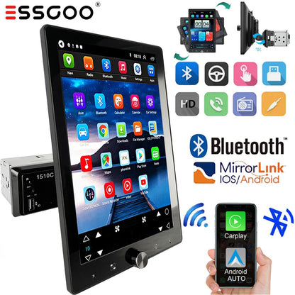 ESSGOO 10,4" Tela de Toque Rotativa IPS 1 Din Rádio Estéreo Multimídia Automotivo Sem Fio Apple CarPlay e Android Auto SWC FM