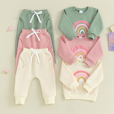 Pudcoco Infant 2PCS Baby Girls Fall Outfits Long Sleeve Rainbow Print Sweatshirt + Pants Set Toddler Clothes 3M-3T