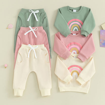 Pudcoco Infant 2PCS Baby Girls Fall Outfits Long Sleeve Rainbow Print Sweatshirt + Pants Set Toddler Clothes 3M-3T