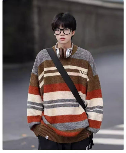 Simple Versatile Trendy Men's Crew Neck Sweater Contrasting Stripes Casual Loose Neutral Style Pullover
