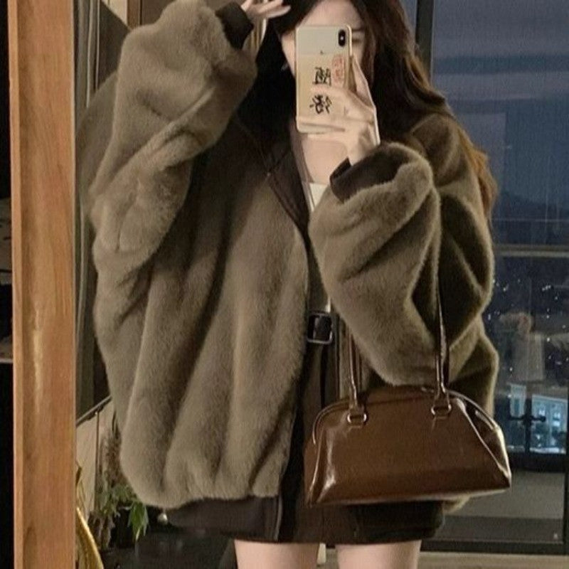 American Retro Reversible Velvet Zipper Hooded Jacket Women Winter Fashion Street Thick Loose Warm Harajuku Casual Plush Jacket