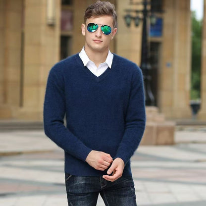 Autumn And Winter New Warm Pure Mink Cashmere Sweater Men's V-neck Pullover Thickened Plus Size Knitted Bottoming Shirt