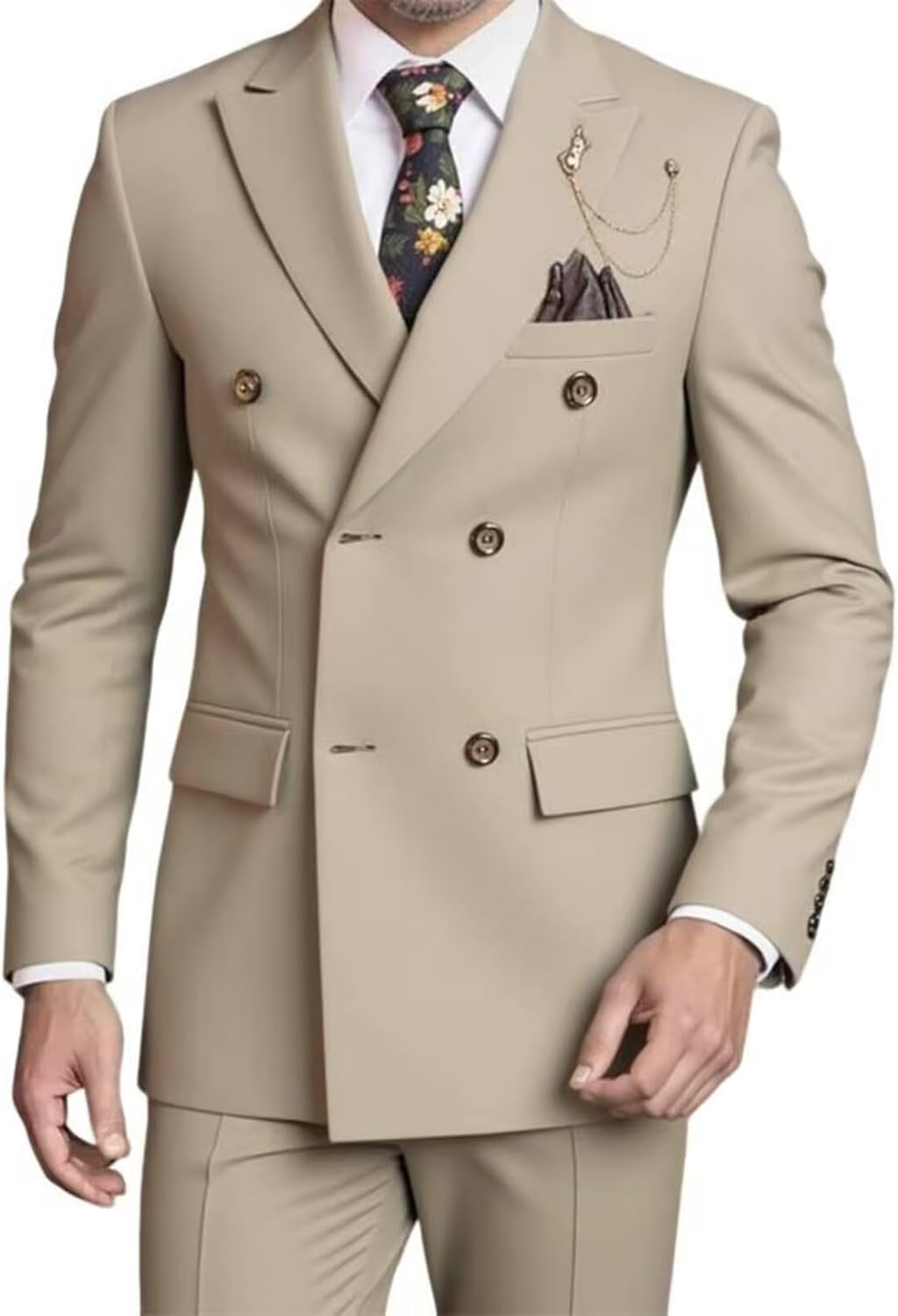 Men's Double-Breasted Suit Set,Business Formal Suit with Pants, Classic 6-Button Design