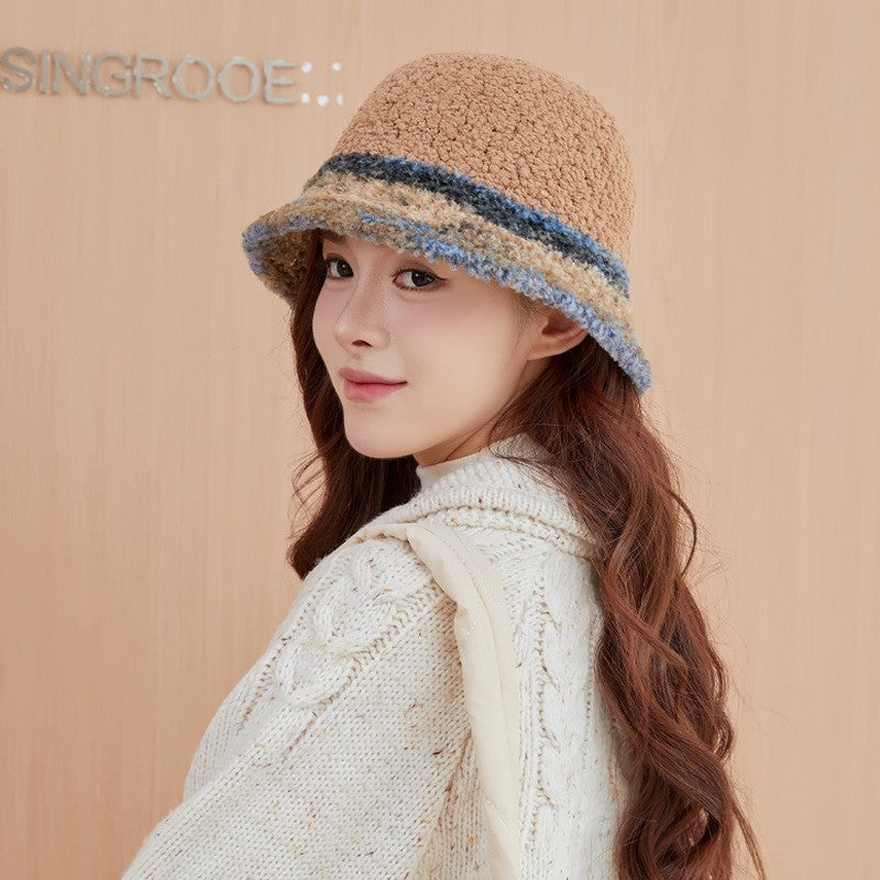 New Warm Luxury Bucket Hat For Women Plush Patchwork Autumn Winter Wool Felt Stripe Large Bucket Hat Colorful Faux Fur Hat Cap