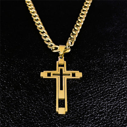Colares de Aço Inoxidável Cruz Hip Hop 2023 Cor Dourada Colar Longo Pingente para Mulheres/Homens Joias collier homme N6055S05