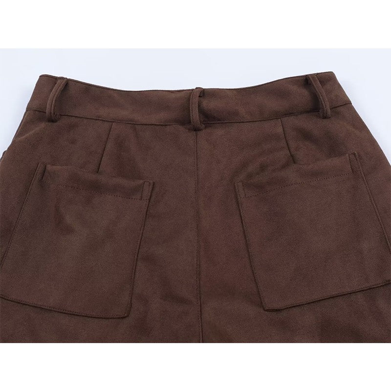 Die-Cut Hem Faux Suede Wide Leg Pants For Women Vintage Brown High Waist With Pockets Casual Loose Trousers