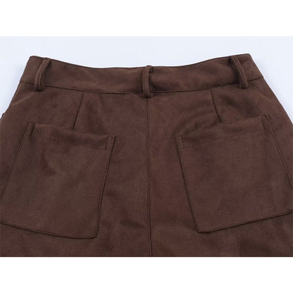 Die-Cut Hem Faux Suede Wide Leg Pants For Women Vintage Brown High Waist With Pockets Casual Loose Trousers