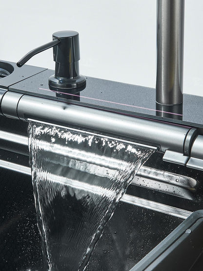 304 Stainless Steel Kitchen Sink Double Waterfall Single Slot Integrated Digital Display Faucet Set Soap dispenser Cup Washer