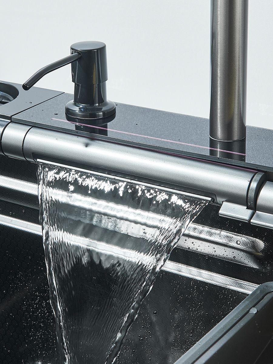 304 Stainless Steel Kitchen Sink Double Waterfall Single Slot Integrated Digital Display Faucet Set Soap dispenser Cup Washer