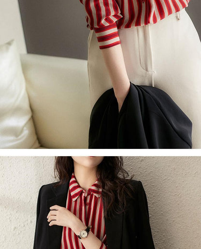 French Style Fashion Spring Shirts New Women's Polo-Neck Striped Single Breasted Simplicity Versatile Loose Long Sleeve Tops