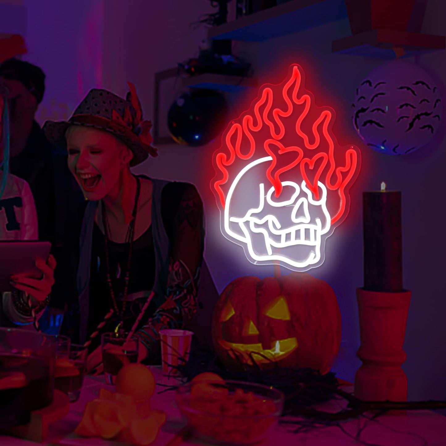 Paredes de Neon Chama de Crânio Decoradas com LEDs de Halloween Reguláveis, Alimentadas por USB, Decorações de Festa de Halloween para Caverna Masculina, Bar, Clube, Sala de Jogos