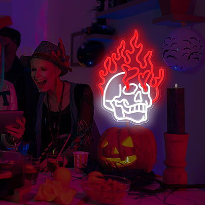 Paredes de Neon Chama de Crânio Decoradas com LEDs de Halloween Reguláveis, Alimentadas por USB, Decorações de Festa de Halloween para Caverna Masculina, Bar, Clube, Sala de Jogos