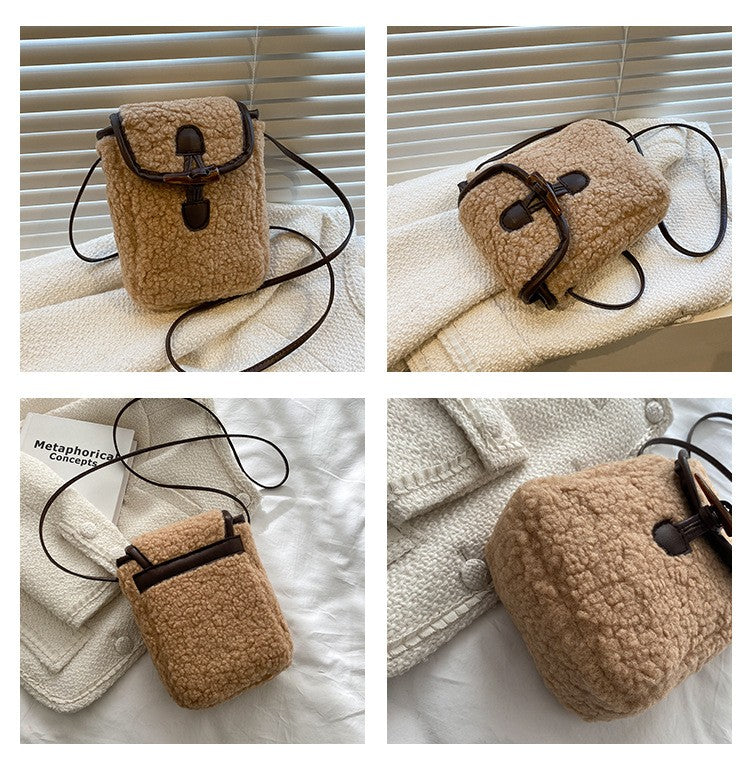 Fashion Winter Lambswool Phone Bag Sweet Lovely Portable Women Wallets Square Purse Faux Fur Plush Shoulder Bags Purses Handbags