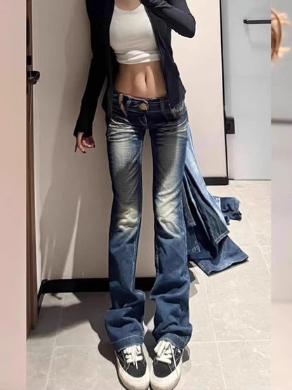 Autumn Y2K Fashion Retro Punk Low Waist Casual Embroidery Diamond Jeans Women Blue Wings Pattern Embroidered Leg Slim Pants 2025