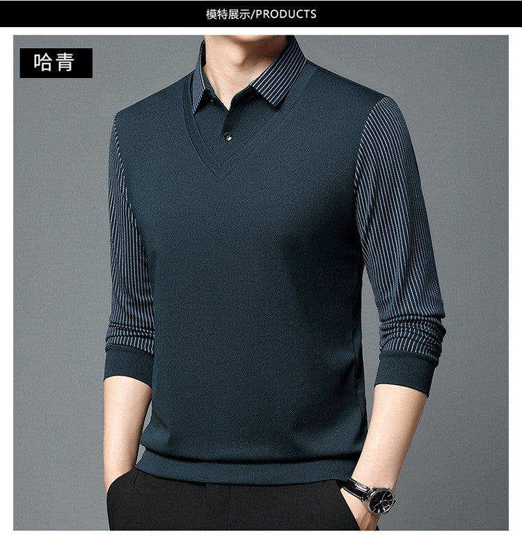 Fashion Fake Two-piece Men Long Sleeve Shirt Stripe Splice Lapel Loose Casual Pullover Tops 2025 Male Formal Business Polo Shirt