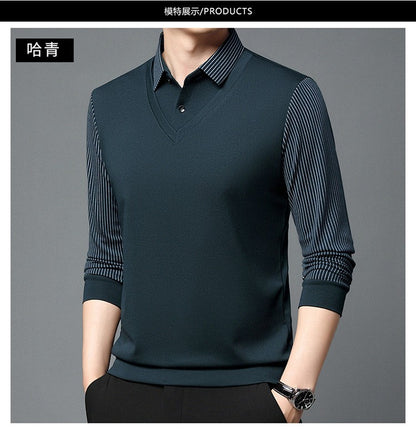 Fashion Fake Two-piece Men Long Sleeve Shirt Stripe Splice Lapel Loose Casual Pullover Tops 2025 Male Formal Business Polo Shirt