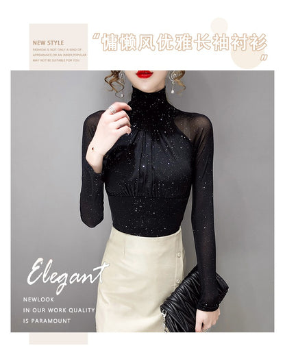 Korean fashion Women Mesh top High neck Sexy Black bottoming t shirt Casual Bright silk Lady shirt Blusa