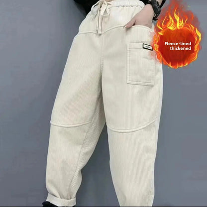 Thickened Fleece Lined Corduroy Harlan Pants Winter New Fashion Long Trousers Elastic Waist Loose Versatile Trendy Women's Cloth
