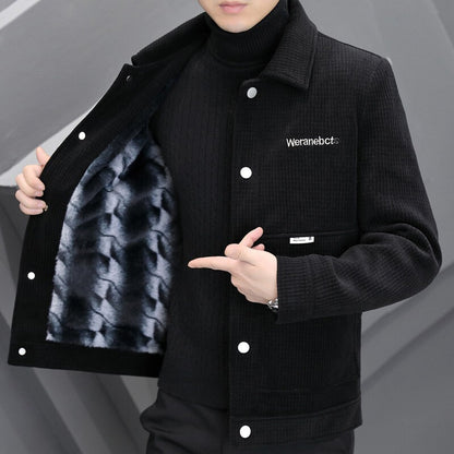 Men's Fleece-Lined Thickened Warm Casual Jacket New Turn-Down Collar Trendy Short Wool Coat Woolen Overcoat