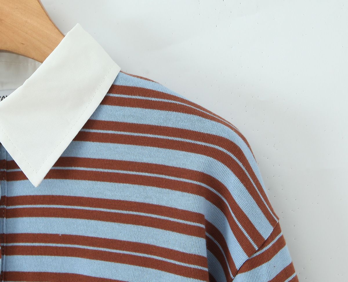 Autumn New Striped Loose Polo Collar Women Tops Fashion Vintage Patchwork Long Sleeve T Shirt Streetwear Women Basic Tops