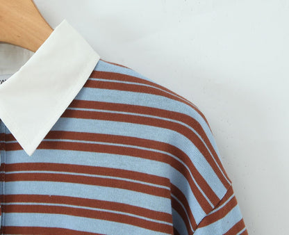 Autumn New Striped Loose Polo Collar Women Tops Fashion Vintage Patchwork Long Sleeve T Shirt Streetwear Women Basic Tops