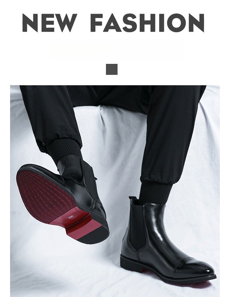 Botas masculinas Chelsea com sola vermelha, tornozelo, bico redondo para negócios, estilo Aura, sapatos masculinos tamanho 38-46, botas masculinas