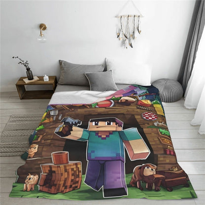 Cartoon Mines Pixel Game Crafts Flannel Blanket Super Warm Throw Blanket for Home Decor Decorative Street Trend Bedspread